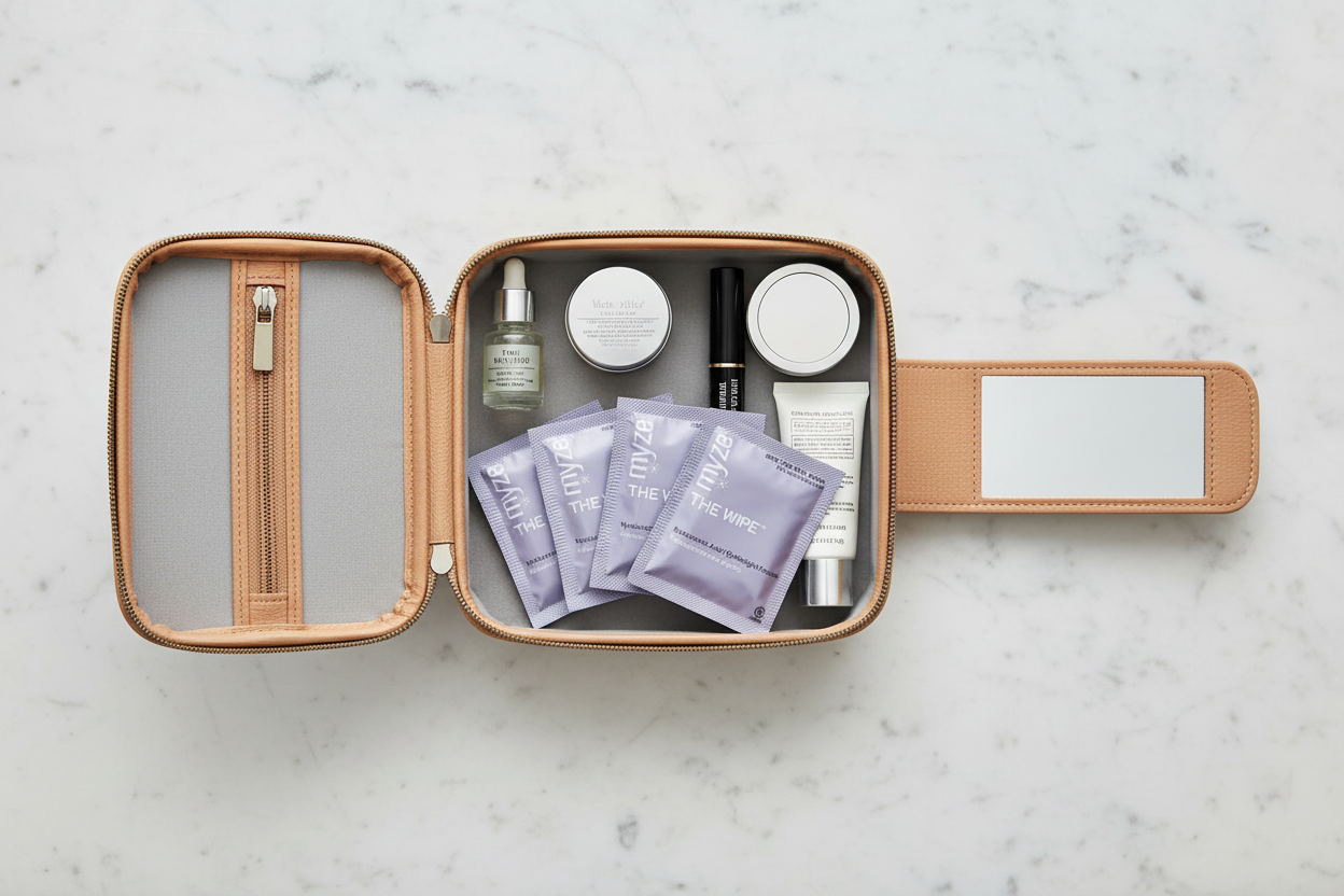 The Wipe purple sachets in travel case